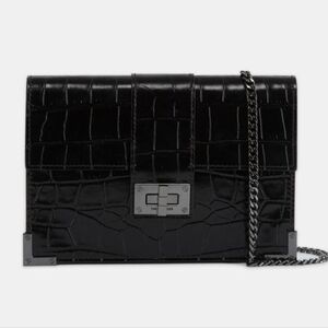 The Kooples Medium Emily Pouch in Black Croco Leather NWT